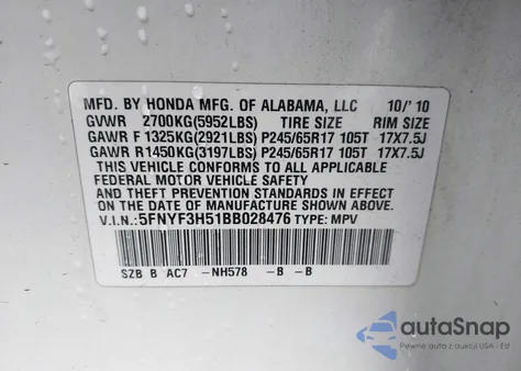 2011 Honda Pilot Ex-L from USA, damaged, VIN 5FNYF3H51BB028476